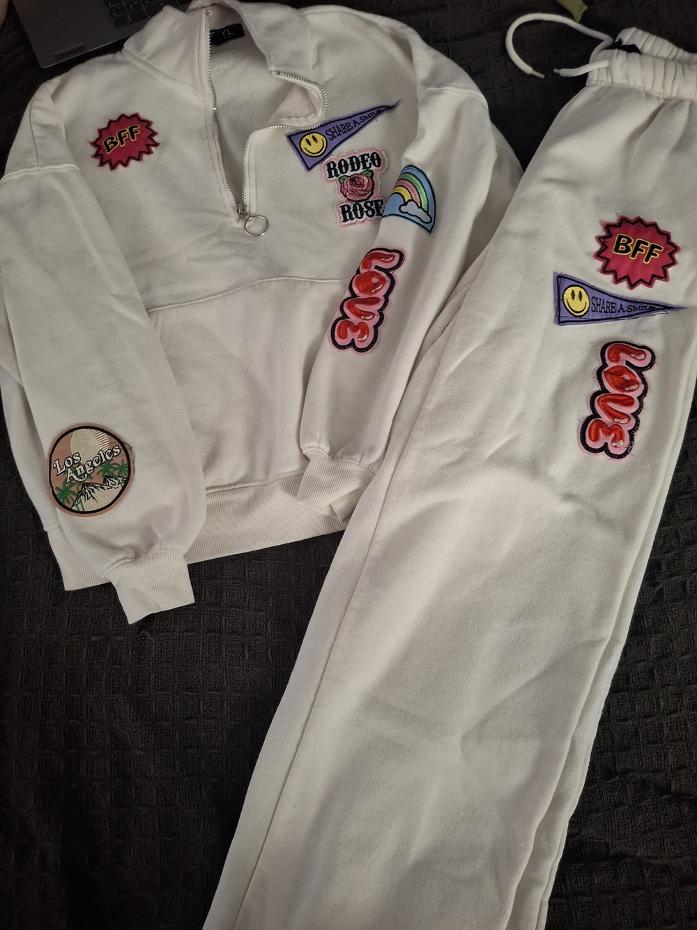 Kids White Patchwork Sweatpants & Joggers Set with Fun Patches